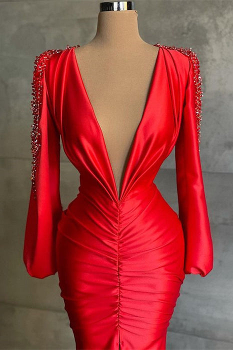 Deep V-Neck Red Mermaid Prom Dress with Long Sleeves