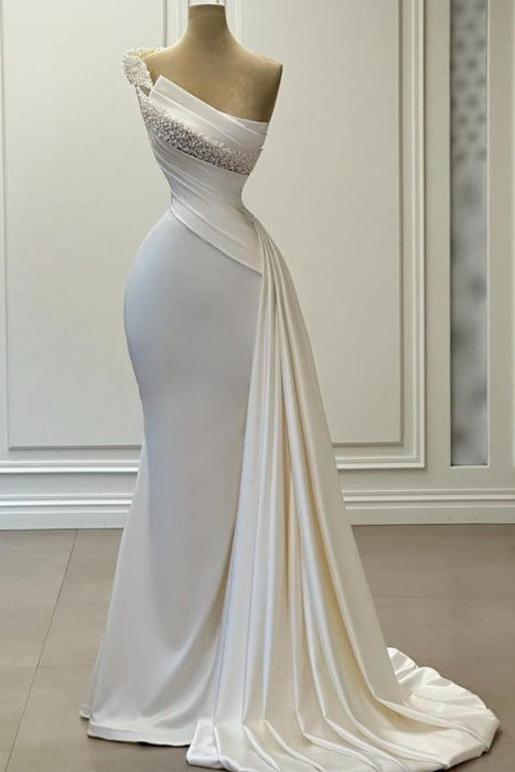 Delicate One-Shoulder Beaded A-Line Sleeveless Ruched Satin Wedding Dress