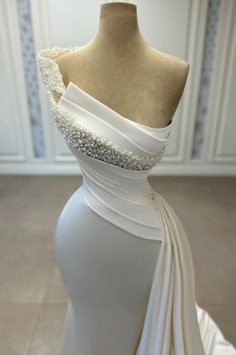 Delicate One-Shoulder Beaded A-Line Sleeveless Ruched Satin Wedding Dress