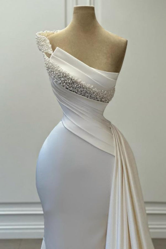 Delicate One-Shoulder Beaded A-Line Sleeveless Ruched Satin Wedding Dress