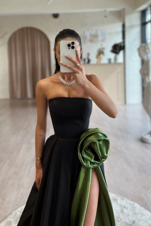 Designs Strapless Ruched Satin High Split A-Line Flower Long Prom Dress