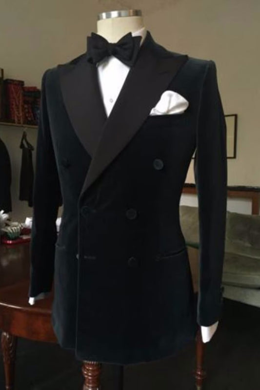 Beau Double Breasted Black Peaked Lapel Newest Velvet Prom Suits