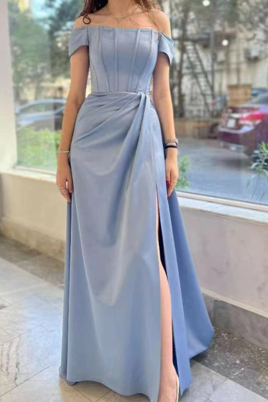 Dusty Blue Elegant Off-the-Shoulder Prom Dress with Pleats and Split