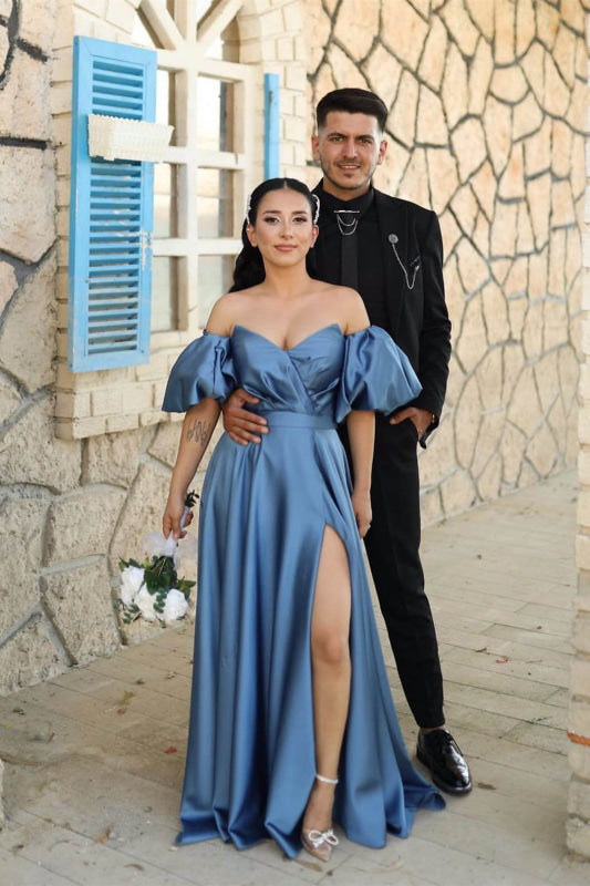 Dusty Blue Sweetheart Off-the-Shoulder Puff Sleeve Evening Dress with Front Split