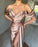 Dusty Pink Off-the-Shoulder V-Neck Prom Dress with Pleats and Split