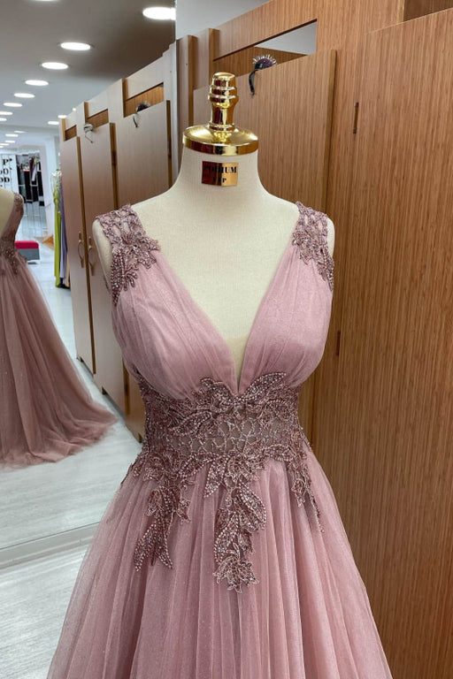 Dusty Pink V-Neck Sleeveless Long Tulle Prom Dress with Appliques