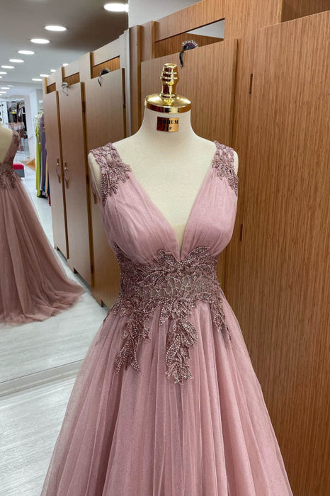 Dusty Pink V-Neck Sleeveless Long Tulle Prom Dress with Appliques