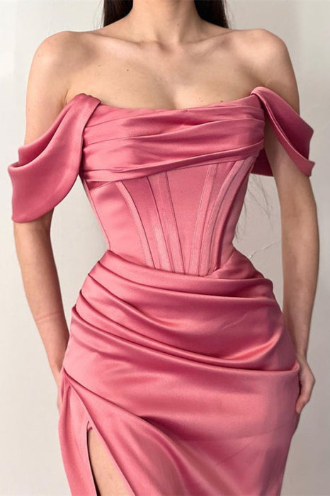 Dusty Rose Off-The-Shoulder Mermaid Prom Dress with Pleats and Split