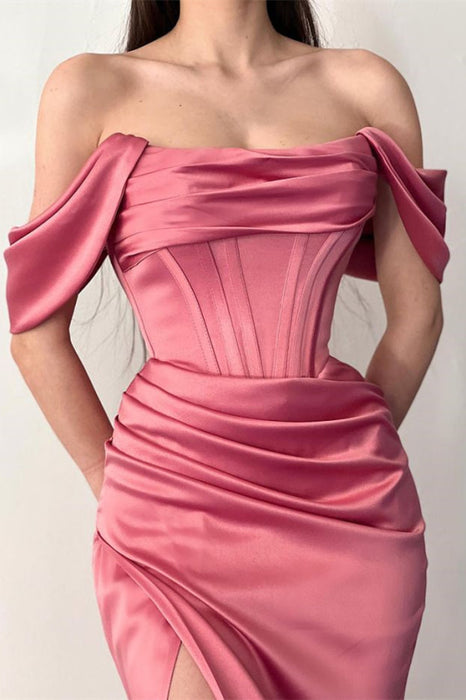 Dusty Rose Off-The-Shoulder Mermaid Prom Dress with Pleats and Split