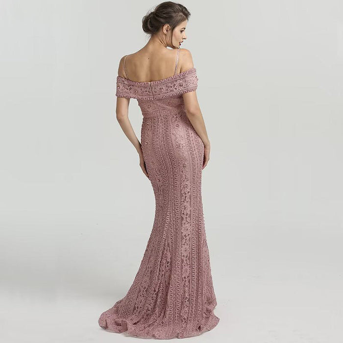 Dusty Rose Off-the-Shoulder Prom Dress with Mermaid Beading