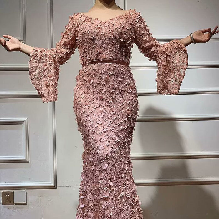 Dusty Rose Prom Dress, V-Neck Long Sleeve Mermaid with Applique