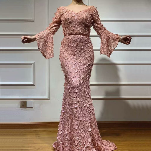 Dusty Rose Prom Dress, V-Neck Long Sleeve Mermaid with Applique