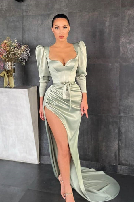 Dusty Sage Long Sleeves Prom Dress with Split and a Bowknot