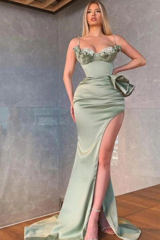 Dusty Sage Spaghetti-Straps Mermaid Prom Dress with Split, Beadings, and Ruffles