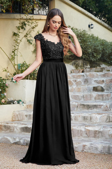 Elegan Cap Sleeves Lace Beadings Evening Dress Ruched Chiffon A-line Formal Dress - Black / US 2 - Prom Dresses