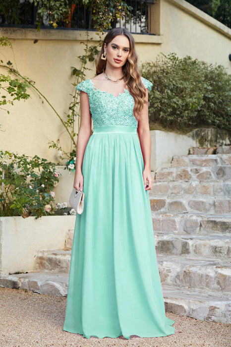 Elegan Cap Sleeves Lace Beadings Evening Dress Ruched Chiffon A-line Formal Dress - Mint / US 2 - Prom Dresses