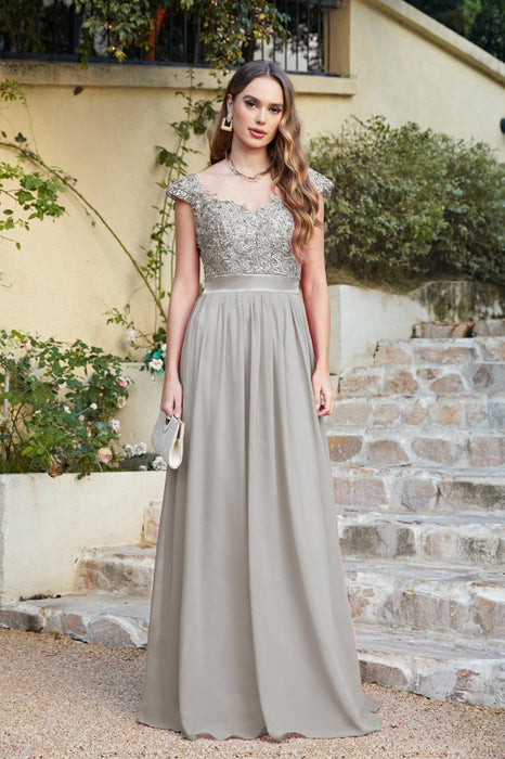 Elegan Cap Sleeves Lace Beadings Evening Dress Ruched Chiffon A-line Formal Dress - Light Grey / US 2 - Prom Dresses