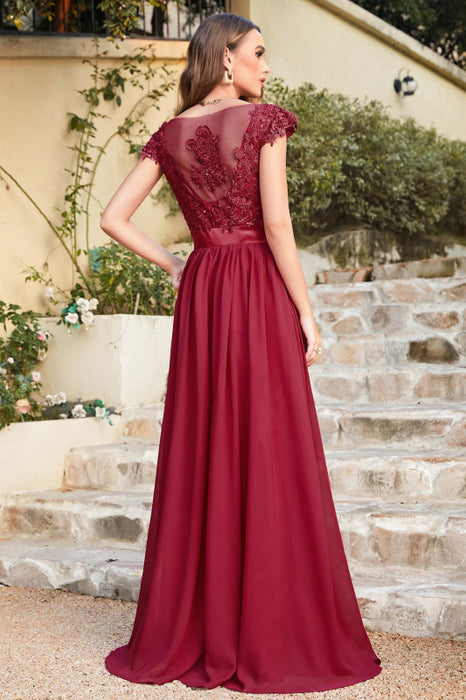 Elegan Cap Sleeves Lace Beadings Evening Dress Ruched Chiffon A-line Formal Dress - Prom Dresses