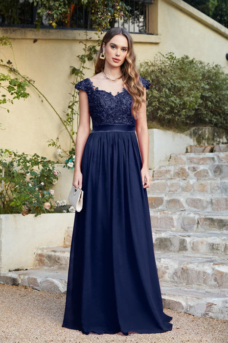 Elegan Cap Sleeves Lace Beadings Evening Dress Ruched Chiffon A-line Formal Dress - Navy Blue / US 2 - Prom Dresses