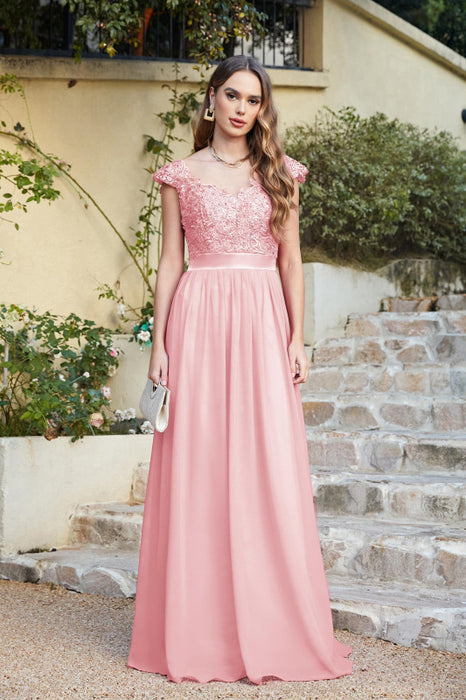 Elegan Cap Sleeves Lace Beadings Evening Dress Ruched Chiffon A-line Formal Dress - Pink / US 2 - Prom Dresses