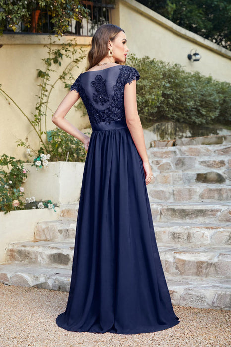 Elegan Cap Sleeves Lace Beadings Evening Dress Ruched Chiffon A-line Formal Dress - Prom Dresses