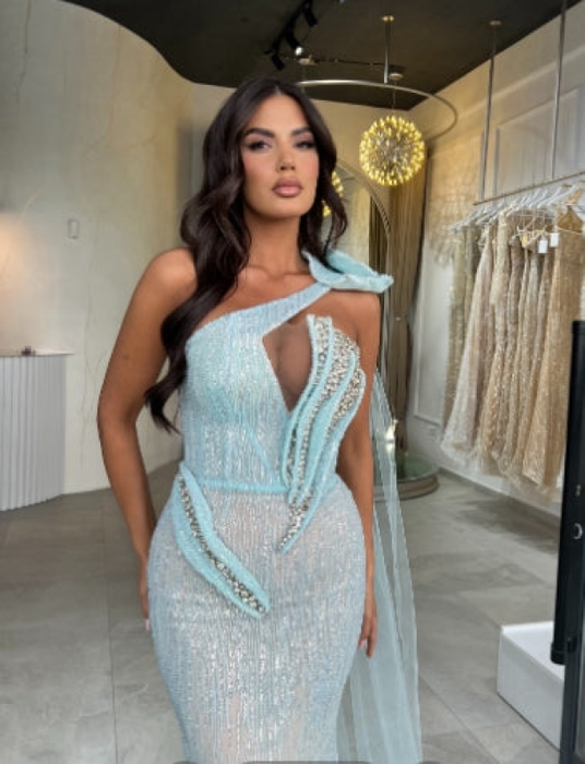 Elegant and Charming Mesh Sequins Prom Dress One Shoulder Mermaid Sleeveless Sexy Gown