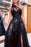 Elegant Black Evening Dress Prom Dress with Slit Sheer Straps Beadings