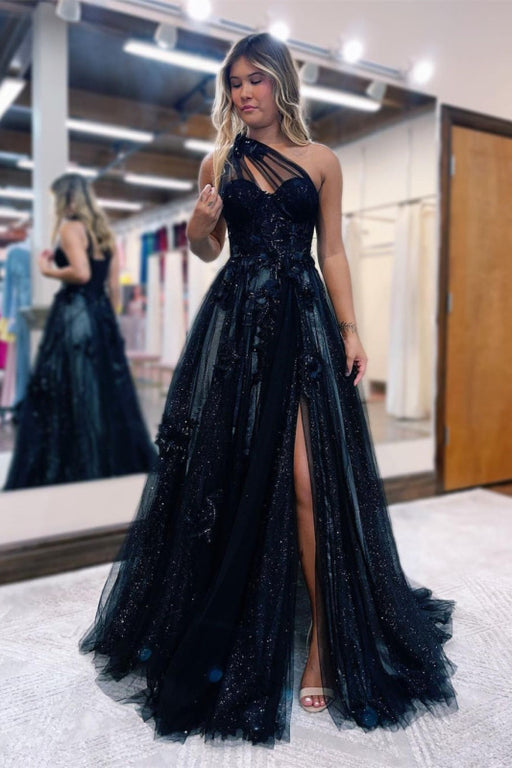 Elegant Black Evening Dress Prom Dress with Slit Sheer Straps Beadings