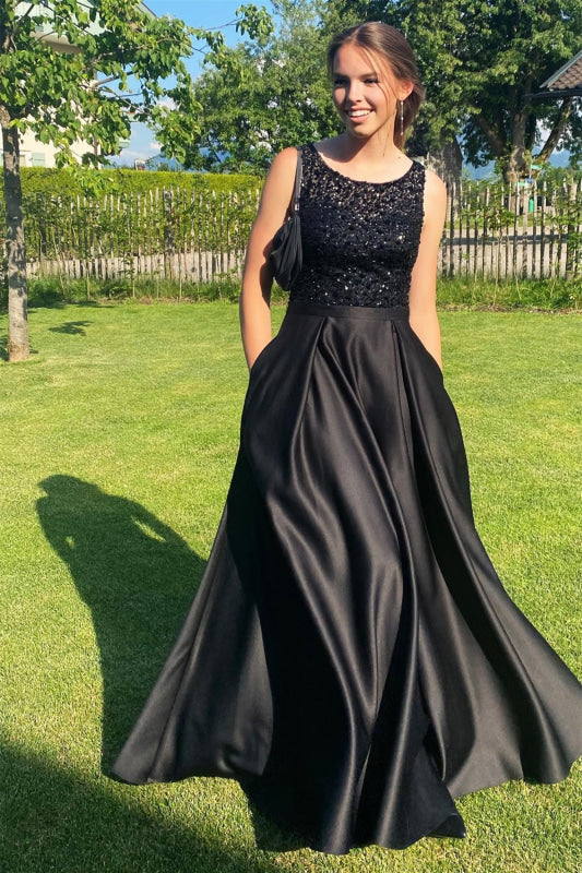 Elegant Black Sleeveless Jewel Mermaid Sequins Long Prom Dress Online