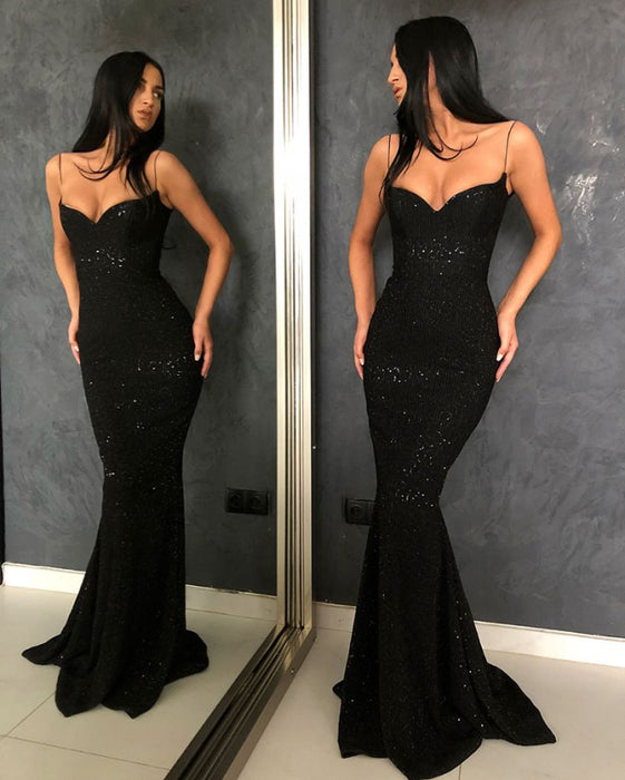 Elegant Black Spaghetti-Straps Mermaid Prom Dress with Sequins