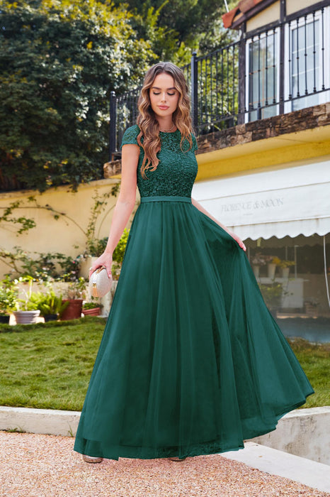 Elegant Cap Sleeves Aline Bridesmaid Dress Chiffon Crew Neck Floor Length Wedding Guest Dress - Prom Dresses