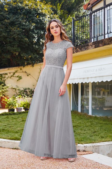 Elegant Cap Sleeves Aline Bridesmaid Dress Chiffon Crew Neck Floor Length Wedding Guest Dress - Silver / US 2 - Prom Dresses