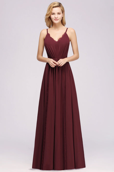 Bridelily Elegant Spaghetti Straps Long Bridesmaid Dress Lace V-Neck Maid of Honor Dress