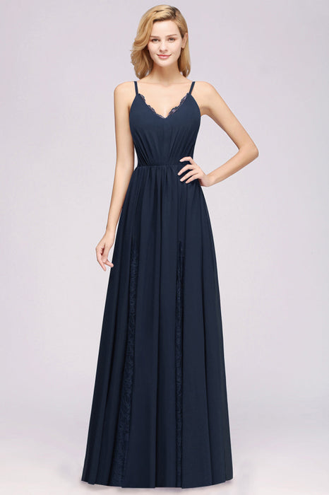 Bridelily Elegant Spaghetti Straps Long Bridesmaid Dress Lace V-Neck Maid of Honor Dress