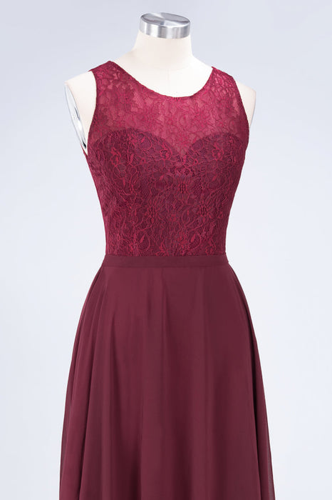 Bridelily Elegant Roud Neckline Sleeveless Burgundy Lace Bridesmaid Dress Online