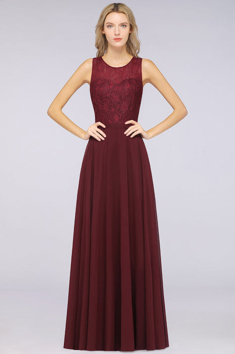 Bridelily Elegant Roud Neckline Sleeveless Burgundy Lace Bridesmaid Dress Online