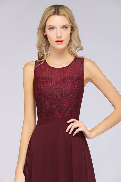 Bridelily Elegant Roud Neckline Sleeveless Burgundy Lace Bridesmaid Dress Online