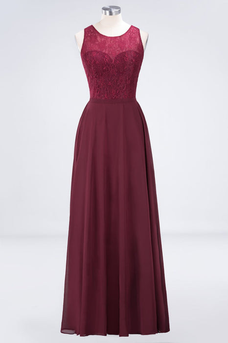 Bridelily Elegant Roud Neckline Sleeveless Burgundy Lace Bridesmaid Dress Online