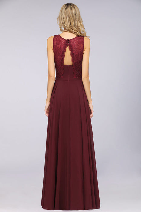 Bridelily Elegant Roud Neckline Sleeveless Burgundy Lace Bridesmaid Dress Online