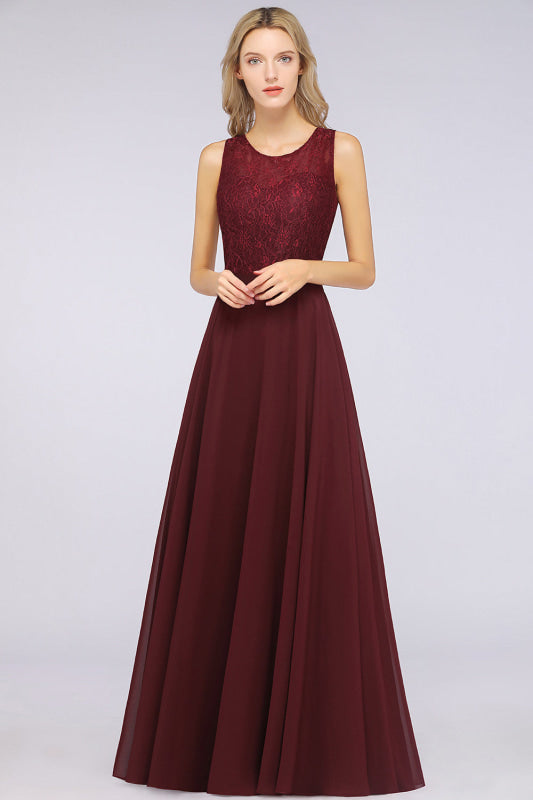 Bridelily Elegant Roud Neckline Sleeveless Burgundy Lace Bridesmaid Dress Online