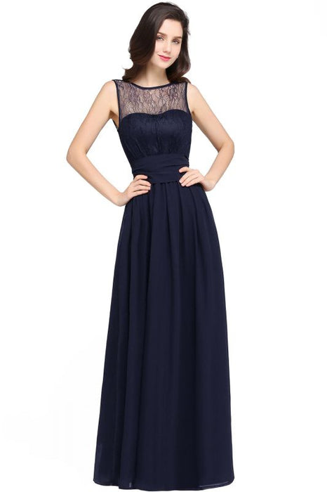 Elegant Crew Neck Ruched Chiffon Bridesmaid Dress Sleeveless Aline Wedding Guest Dress - Navy Blue / US 2 - Prom Dresses