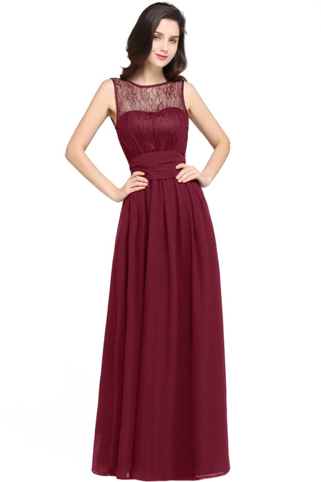 Elegant Crew Neck Ruched Chiffon Bridesmaid Dress Sleeveless Aline Wedding Guest Dress - Burgundy / US 2 - Prom Dresses