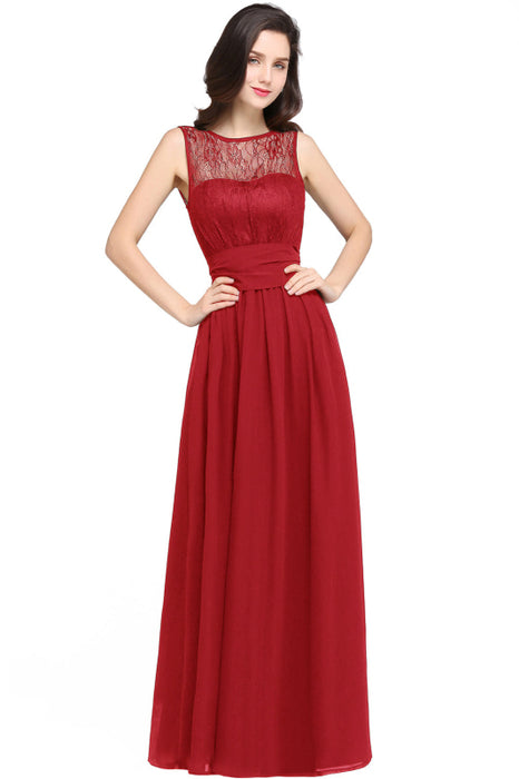 Elegant Crew Neck Ruched Chiffon Bridesmaid Dress Sleeveless Aline Wedding Guest Dress - Red / US 2 - Prom Dresses