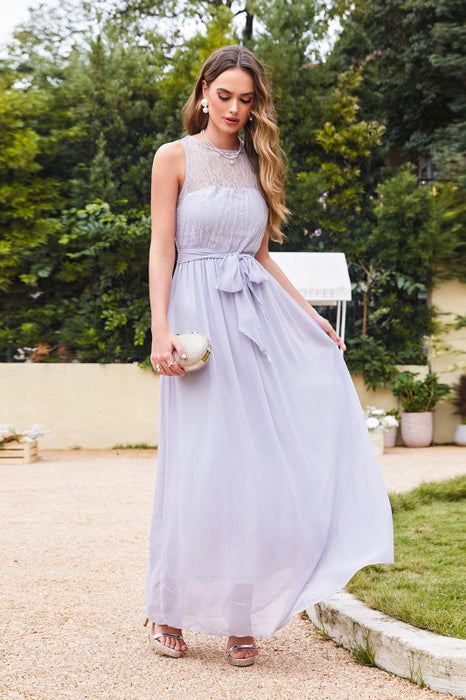 Elegant Crew Neck Ruched Chiffon Bridesmaid Dress Sleeveless Aline Wedding Guest Dress - Lavender / US 2 - Prom Dresses