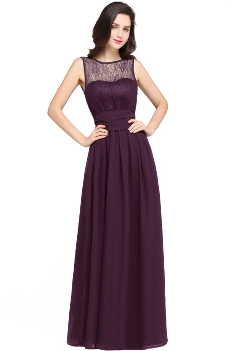 Elegant Crew Neck Ruched Chiffon Bridesmaid Dress Sleeveless Aline Wedding Guest Dress - Grape / US 2 - Prom Dresses