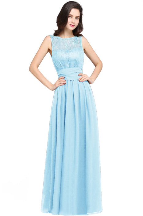 Elegant Crew Neck Ruched Chiffon Bridesmaid Dress Sleeveless Aline Wedding Guest Dress - Sky Blue / US 2 - Prom Dresses