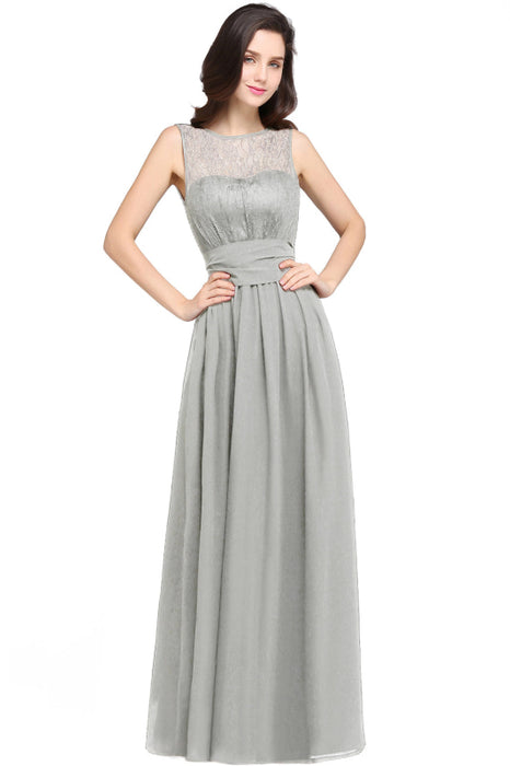 Elegant Crew Neck Ruched Chiffon Bridesmaid Dress Sleeveless Aline Wedding Guest Dress - Silver / US 2 - Prom Dresses