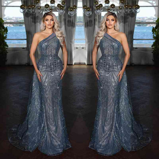 Elegant Dark Blue One Shoulder Mermaid Evening Dress with Sequins Applique