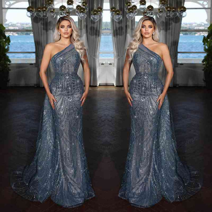 Elegant Dark Blue One Shoulder Mermaid Evening Dress with Sequins Applique