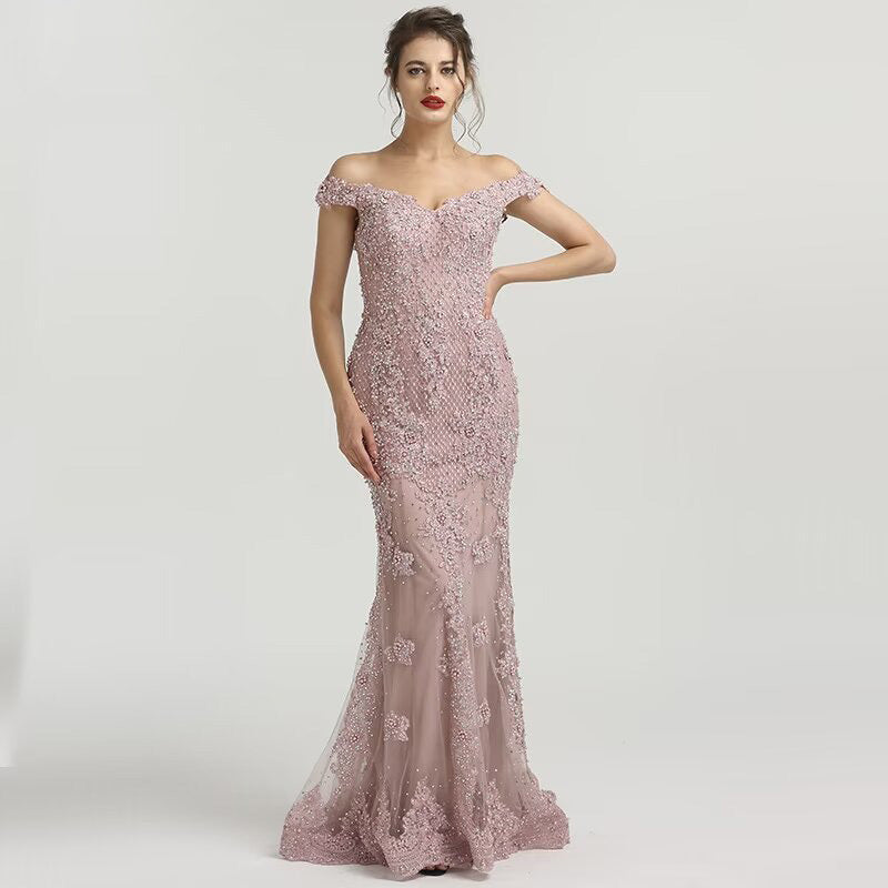 Elegant Dusty Pink Sequin Appliques Prom Dress, Mermaid V-Neck with Beads